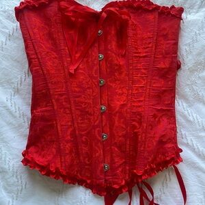 Vintage Satin Red Corset with Boning and Lace Up Back